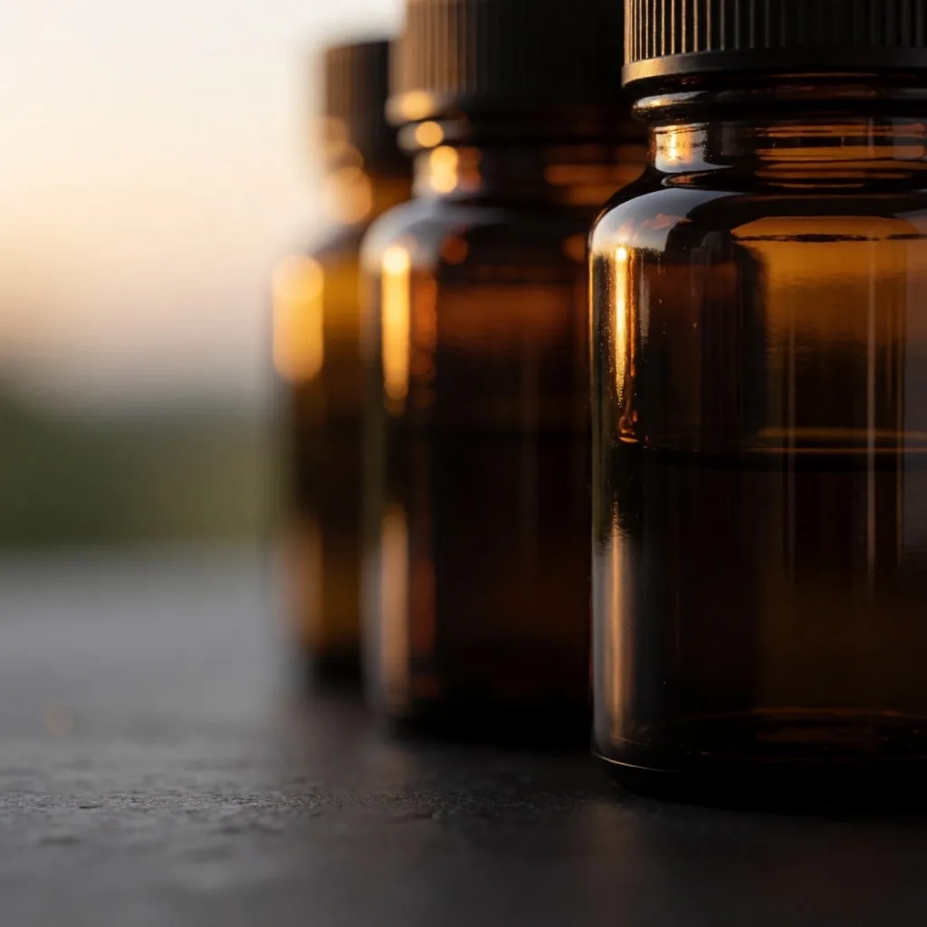 Dark glass supplement bottles in warm light